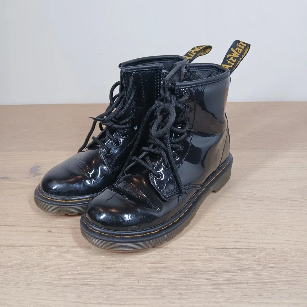 Dr. Martens Delaney Boots Kids 13 Black Patent Leather Lace Up Side Zip Combat
